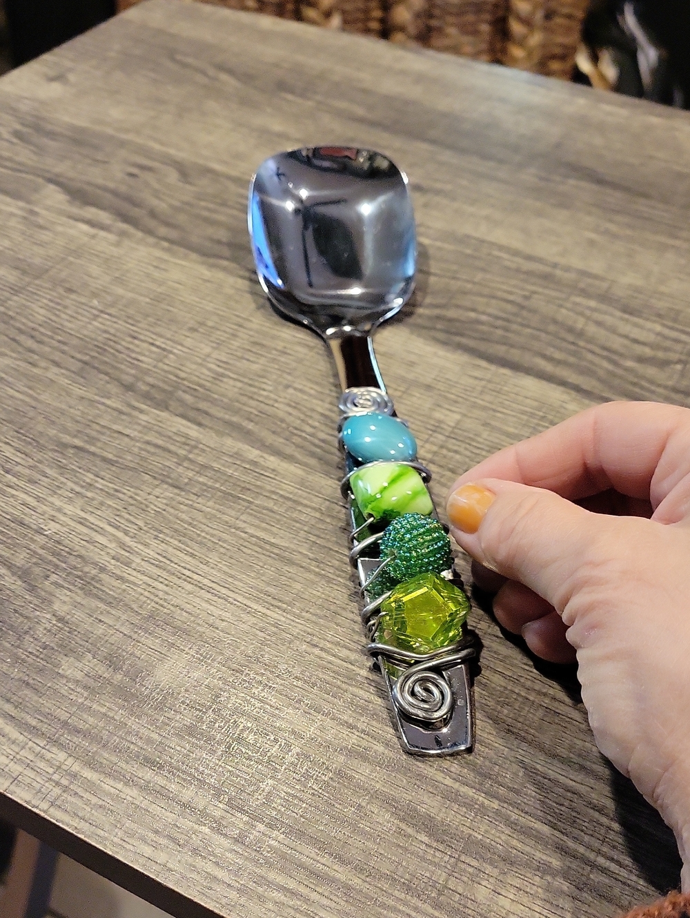 Oneida Stainless Serving Spoon,wire Wrapped W/Art Glass Beads,euc